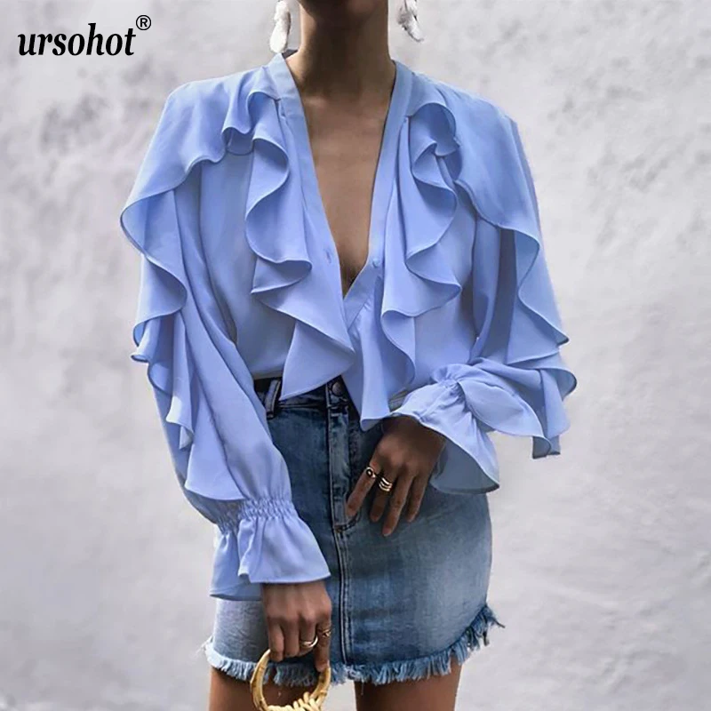 Light Blue Ursohot, Летняя Сексуальная рубашка с рюшами, Женская офисная блуза с v-образным вырезом, кардиган на пуговицах, шифоновая повседневные кофточки с пышными рукавами, топы, рубашки - Цвет: Light Blue