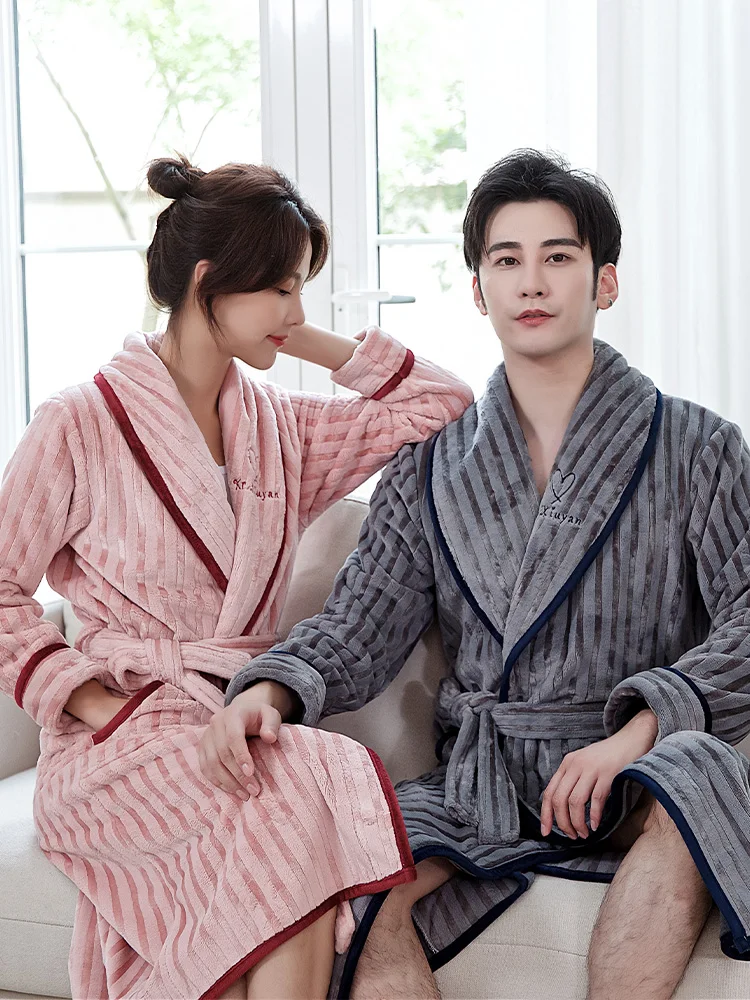 Coral Fleece 2PCS Kimono Robe Gown&Pants Set Nightwear Couple Sleepwear Flannel Loose Pyjamas Soft Nightgown Warm Pajamas 3XL