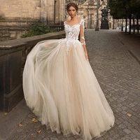 light champagne lace wedding dress 2022a line 34 sleeves v neck 3d appliqued bride dresses princess robe de mariee court train