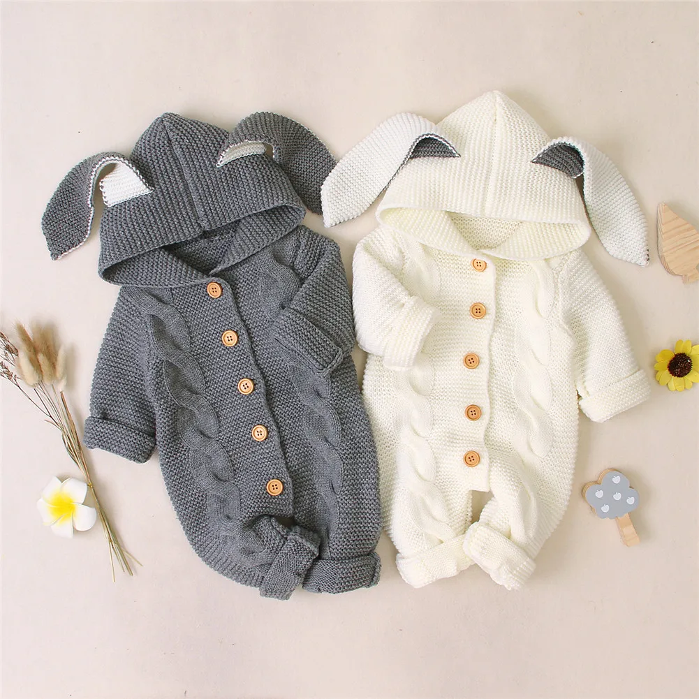 0-24M Autumn Winter Infant Kids Girls Boys Rompers Knit Solid Long Sleeve 3D Ears Hooded Jumpsuits Clothes