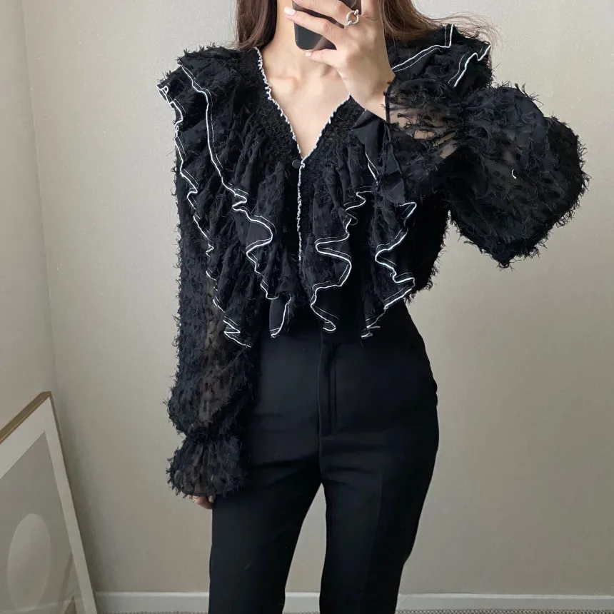 

Харадзюку уличная одежда сексуальные с v-образным вырезом, платья с рюшами футболка с кисточками 동대문 шикарные элегантные универсальные Дл...