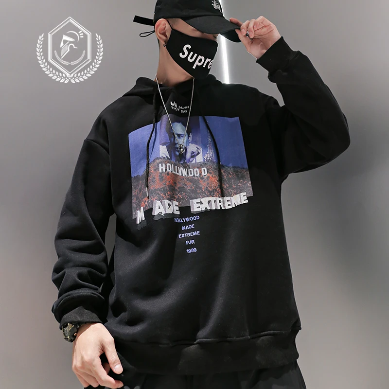 

Men Fashion Loose Print Fleece Heavyweight Casual Pullover Hip Hop Sweatshirts with Hooded