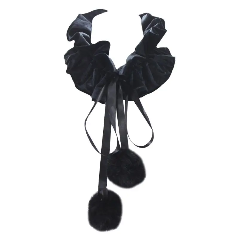 

Womens Victorian Ruffled Fake Collar Pleated Velvet Neck Ruff with Pompom Ties