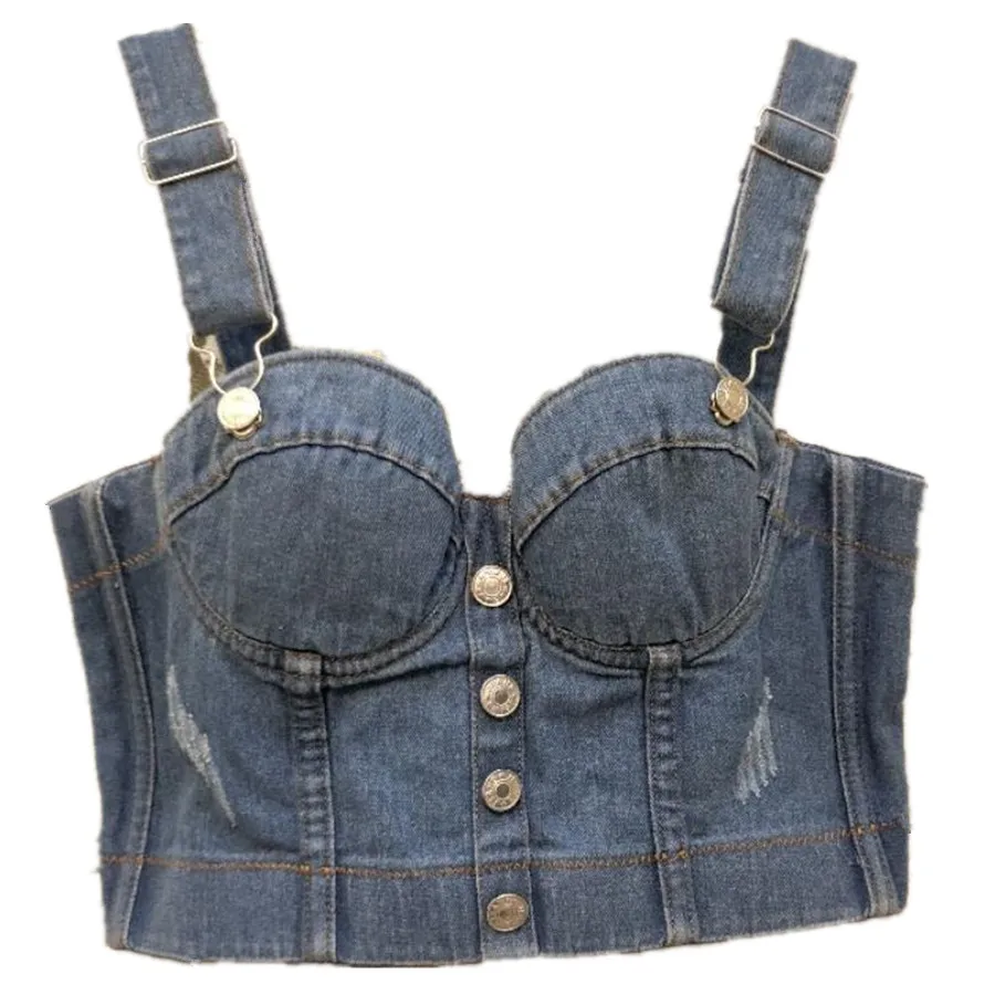 

2020 denim Nightclub Dance Vest Women Sexy Sleeveless Wrapped Steel Bustier Crop Tops