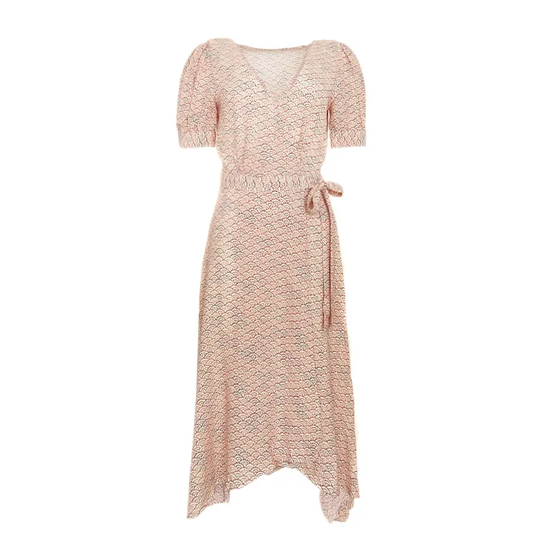 

Spring and summer new French V-neck short sleeve moire tea break skirt shows thin medium and long moire rayon Printed Dress for