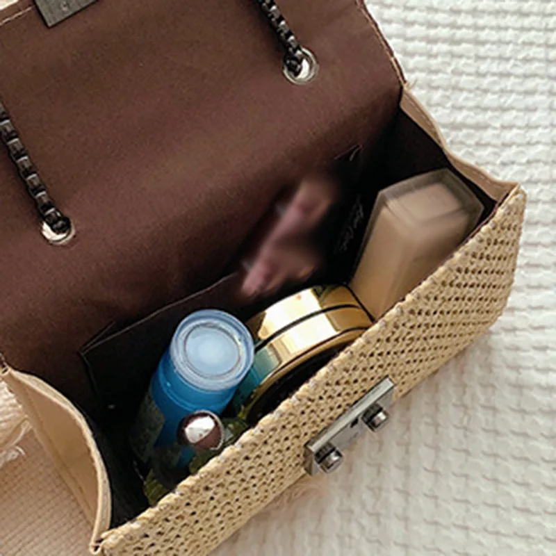 

Straw Shoulder Messenger Handbags Women Chain Flip Small Square Box Bags -OPK