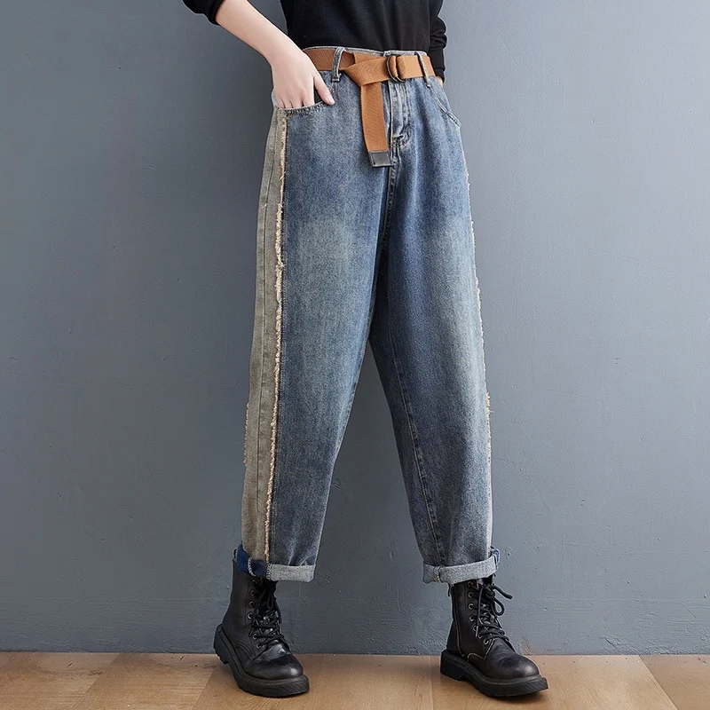 Autumn Winter Casual Jeans Boyfriend Femme Loose Wide Leg Plus Size Mom Baggy Jeans Women Belt Patchwork Streetwear Denim Pants