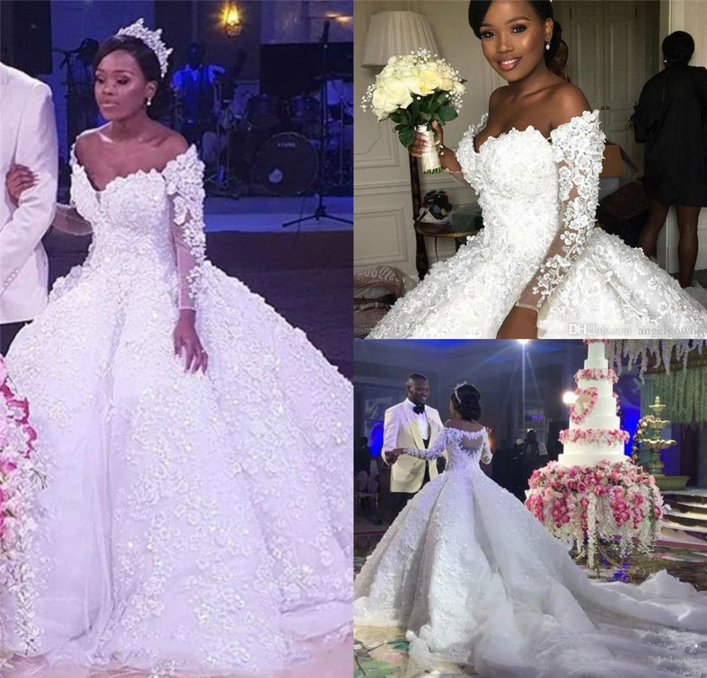 

Vestido De Noiva African Wedding Dresses Long Sleeves Off Shoulder Sweep Train Beads 3D Floral Appliqued Country Bridal Gowns