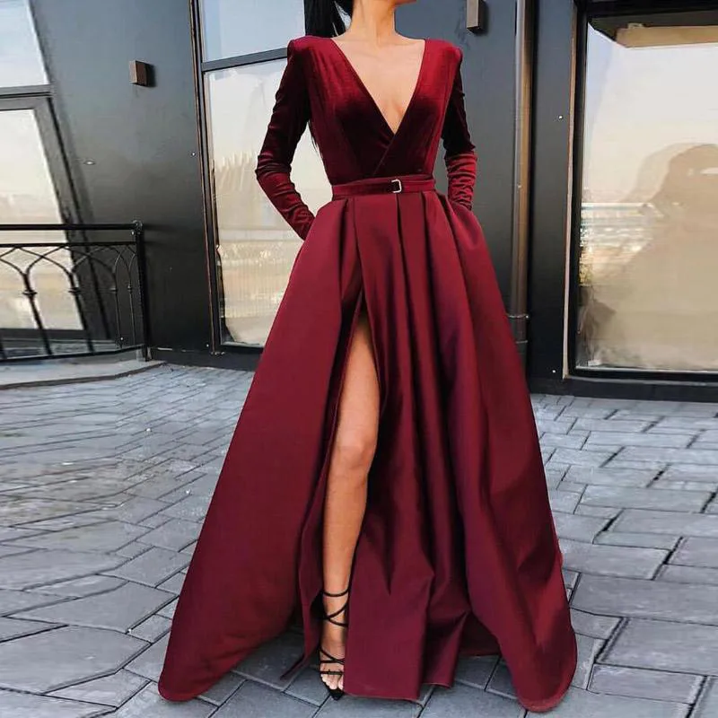 Вечернее платье с длинными рукавами и глубоким v-образным вырезом vestido de festa