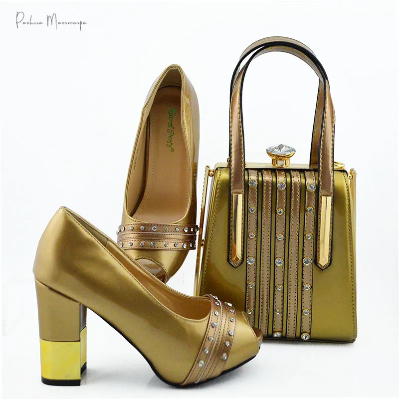 

Italian Design New Arrival Nigerian Fashion Retro High Heel Basic Style Women Shoes and Bag Set in Gold Color for Party Wedding