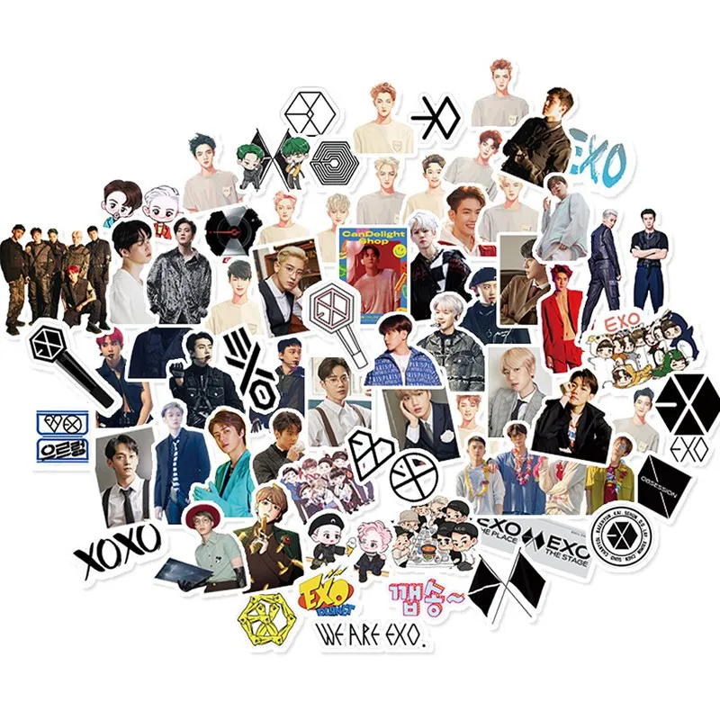 

65PCS/Lot KPOP EXO Adhensive Stickers For Luggage Skateboard Phone Laptop Bicycle Wall Guitar Stickers DIY Scrapbooking
