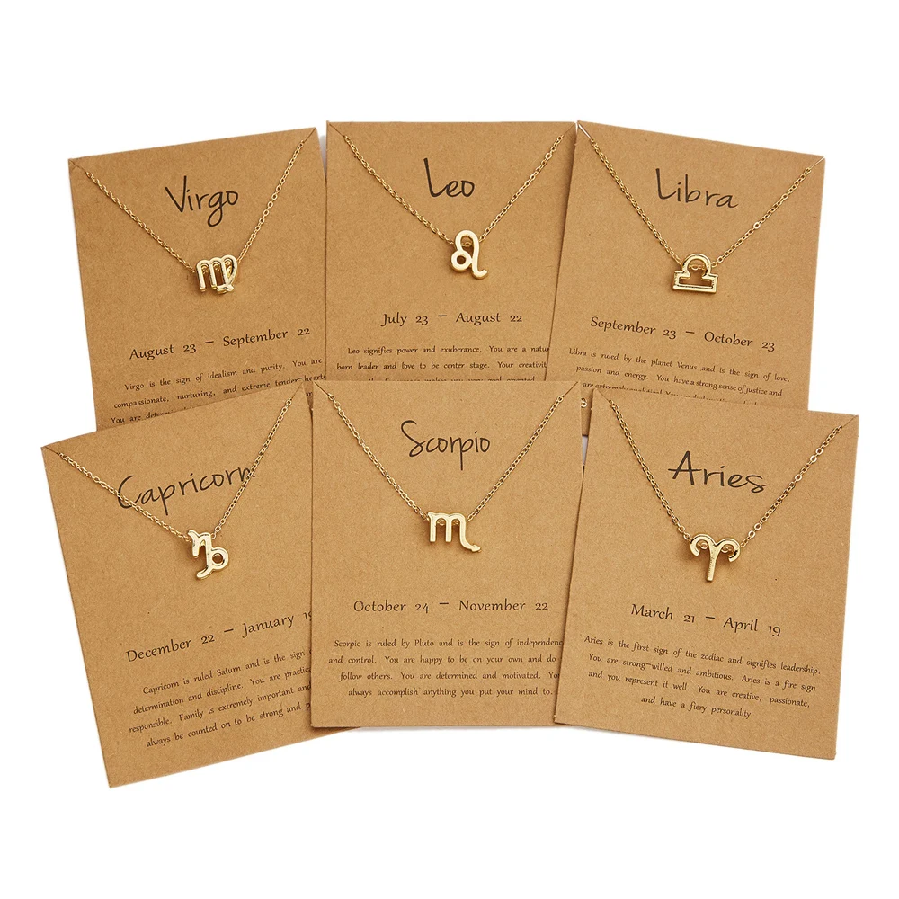 

Female Elegant Star Zodiac Sign 12 Constellation Necklaces Pendant Charm Gold Chain Choker Necklaces for Women Jewelry Cardboard