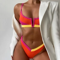 patchwork u neck two piece bikini set women push up ribbed padded bra high cut thong bikini bathing suit for summer