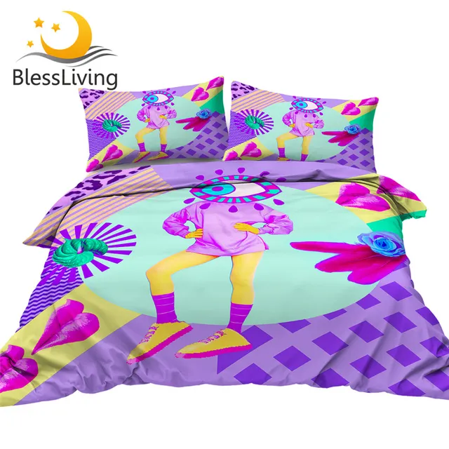 BlessLiving Weirdo Bedding Set Cartoon One-eyed Quilt Cover 3D Printed Bedclothes Colorful Bed Set Absurd Home Textiles 3pcs 1