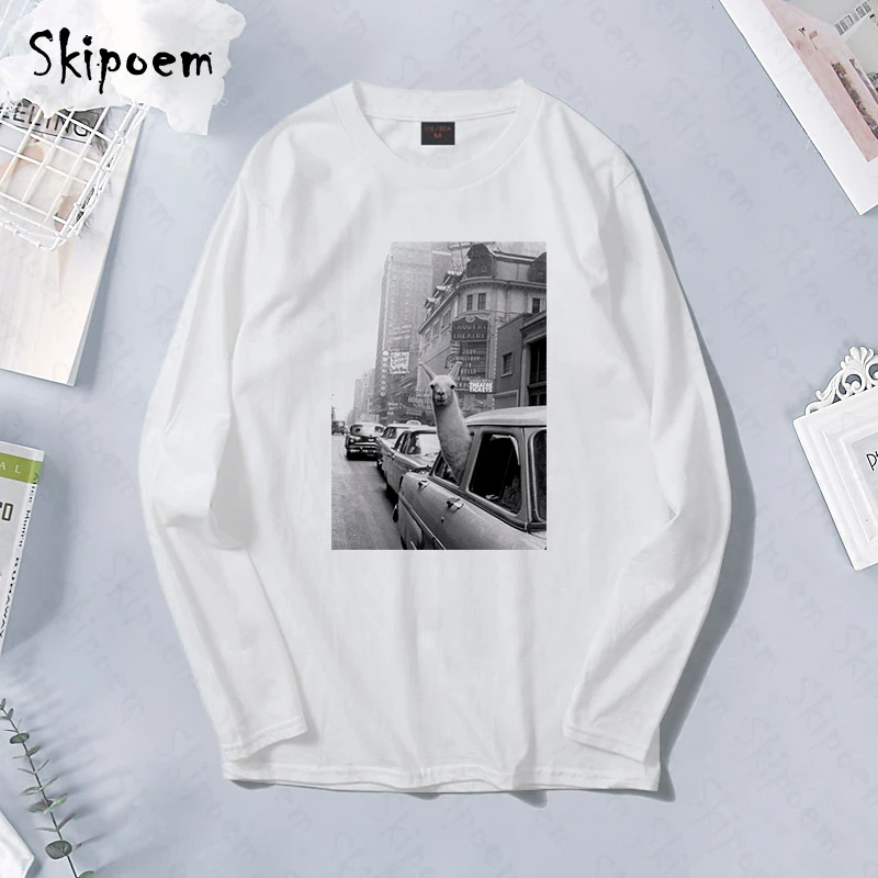 

Llama In A Taxi On Times Square T-shirt Women Kawaii Punk Vintage Aesthetic Gothic Long Sleeve Plus Size Cotton Tee Shirt Femme
