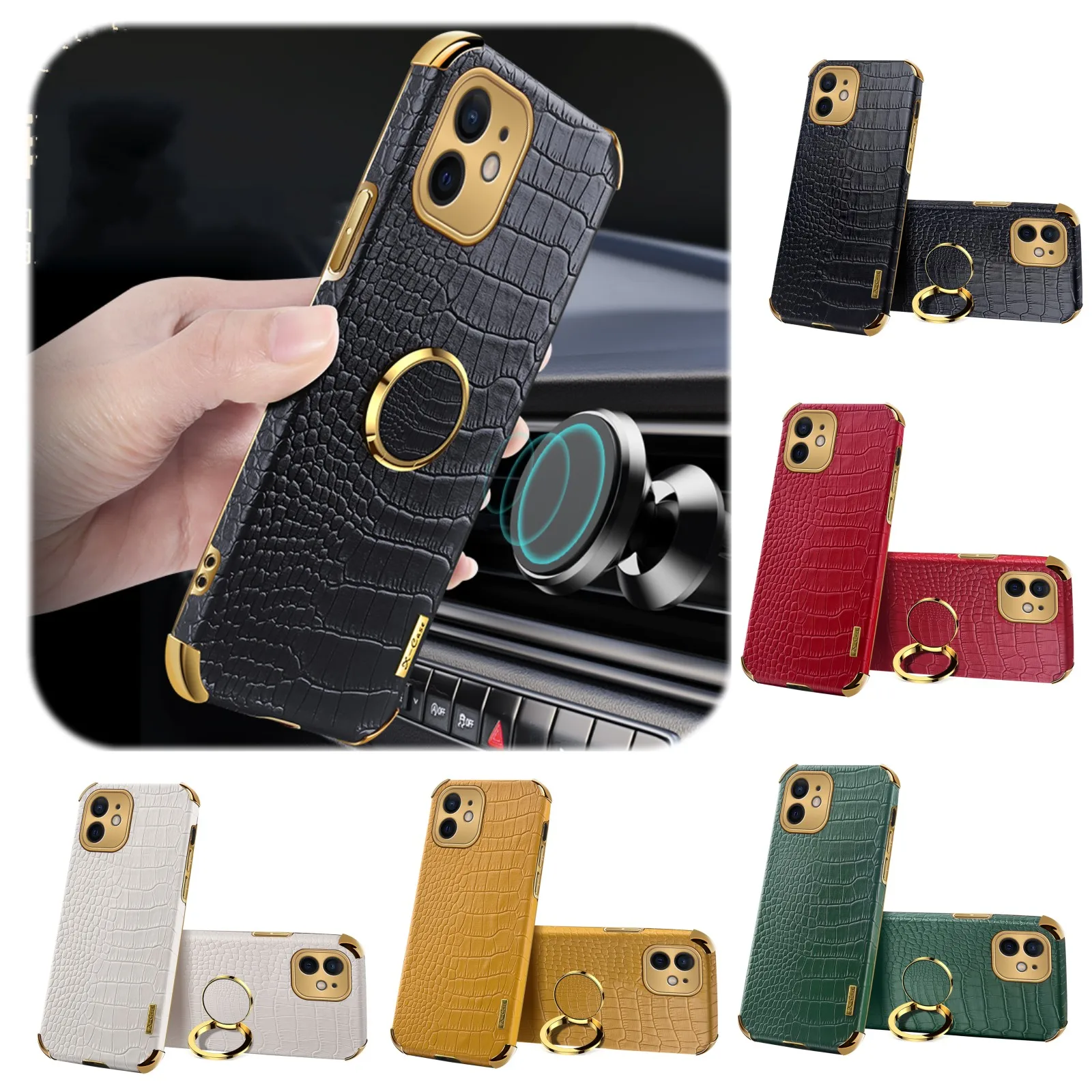 

6D Crocodile leather Ring Magnetic Car Holder Phone Case For iphone 14 13 12 Pro Max 11 6S 7 8 Plus X XR XS Max SE 2020 Cover
