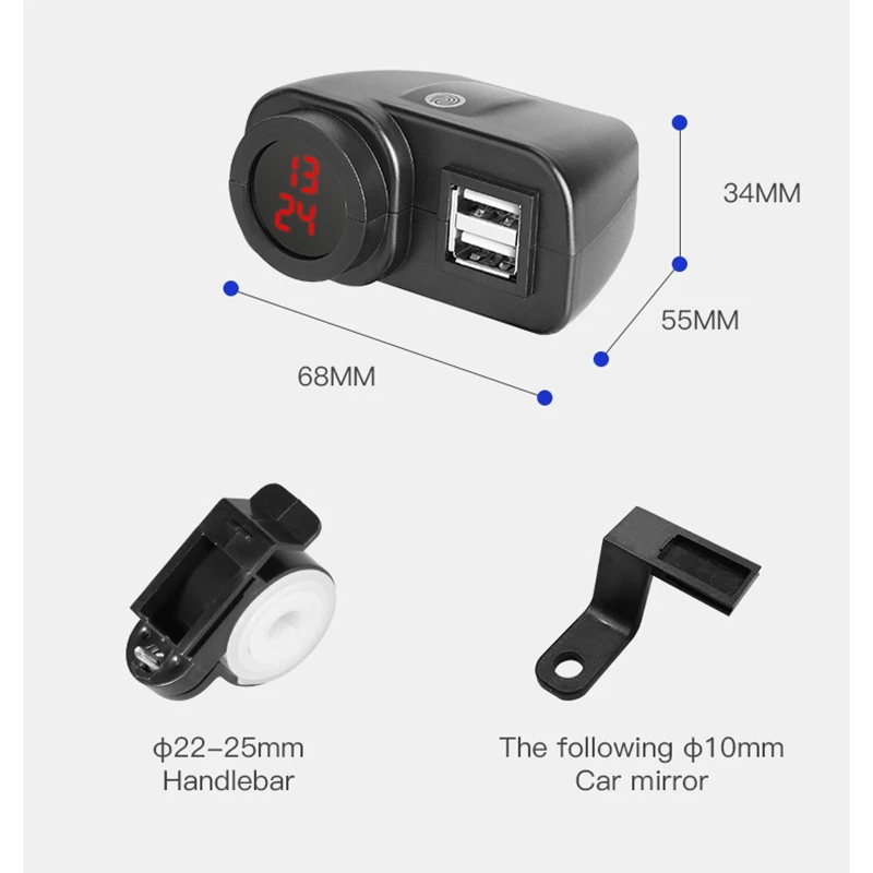 

Waterproof 12V Motorcycle Dual USB Charger Adapter with Electronic Clock ON OFF Switch for Mobile Phones Tablets GPS