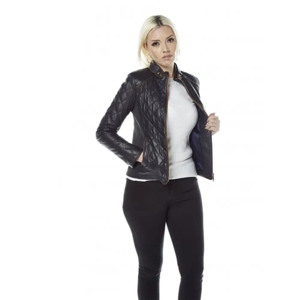 

Hadore Fronde Quilted Sport Cut Genuine Leather Women's Jacket. Square Motif. Totally Original Turkish Brand.