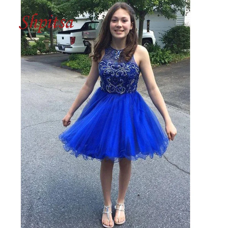 Sexy Royal Blue Short Homecoming Dresses 8th Grade Prom Junior Cute Luxury Tulle Beaded Cocktail Graduation Formal Dresses