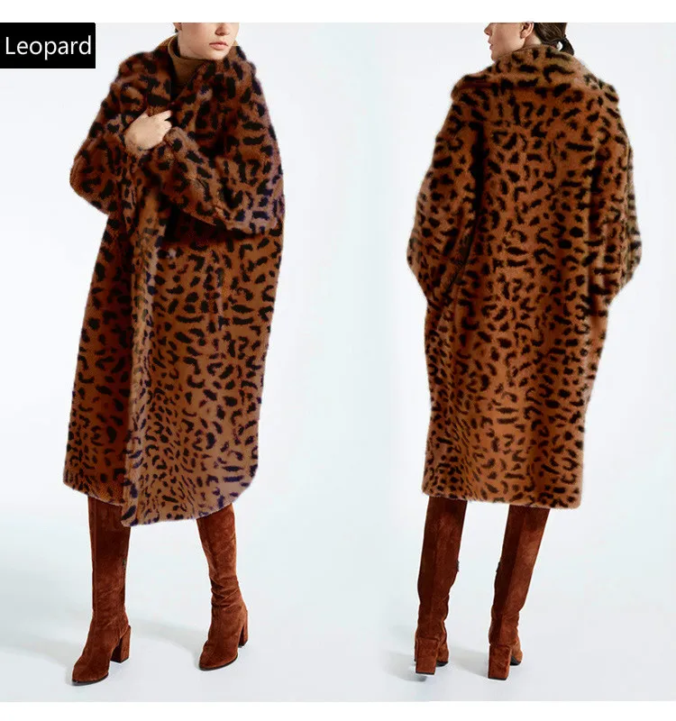 Leopard Женское пальто из искусственного меха, Осень-зима, пальто из искусственного меха с рукавами-фонариками, плюшевое теплое плотное пальто для богинь, длинное плюшевое пальто для женщин - Цвет: Leopard