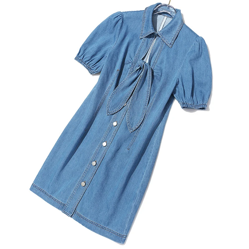 Для женщин джинсовая рубашка летнее платье с бантом Высокая Талия Джинсовая