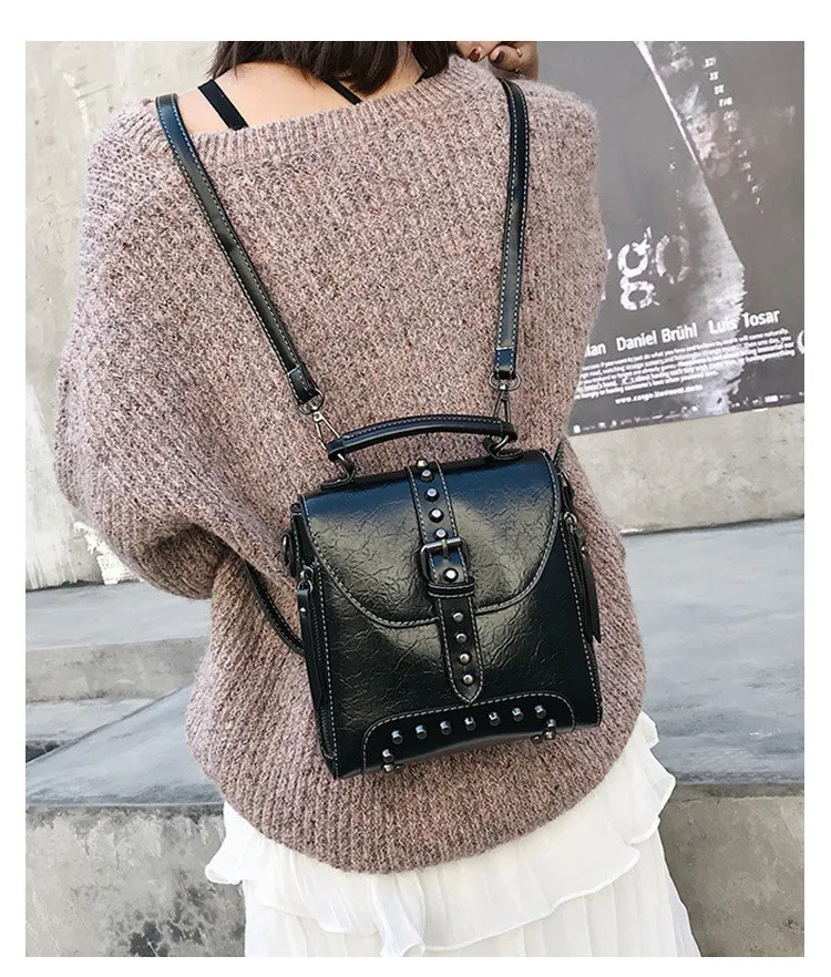 

Multifunctional Rivet Backpack For Women shoulder bag Small PU Leather bagpack for girls schoolbag female hand bag black Daypack