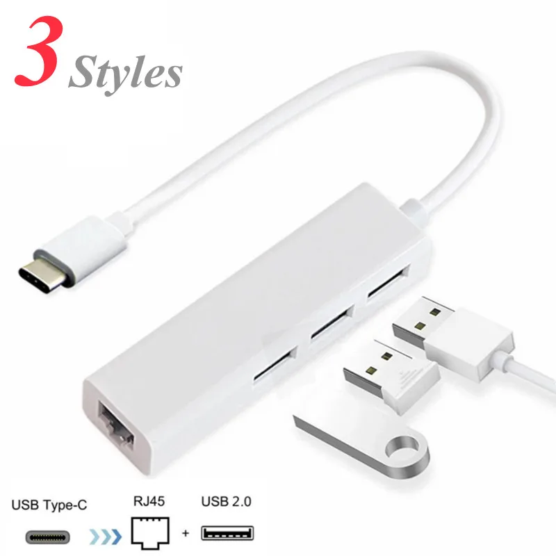 

3 Types Lan Network Card USB2.0/Type C To RJ45 Ethernet Adapter Drive-free External 3-Port Hub For PC