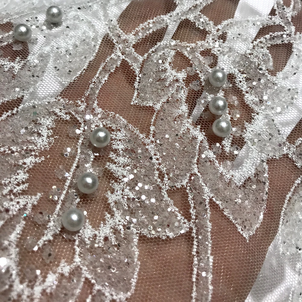 

Luxury High Quality Bridal White Sequin Pearl Beaded Lace Tulle Fabric Transparent Mesh Textiles for Wedding Evening Party Dress