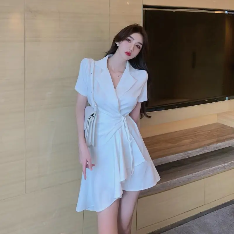 

Graceful Women Suit Collar Fashion Personality Slim Fit Waist-Controlled Slimming Solid Color Irregular Lace-up Short Sleeve