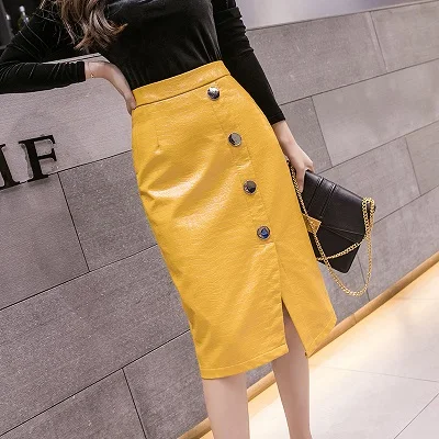 yellow Осенне-зимняя Корейская юбка из искусственной кожи женские нестандартные разрезные внешние кнопки из искусственной кожи яркие Юбки миди карандаш faldas - Цвет: yellow