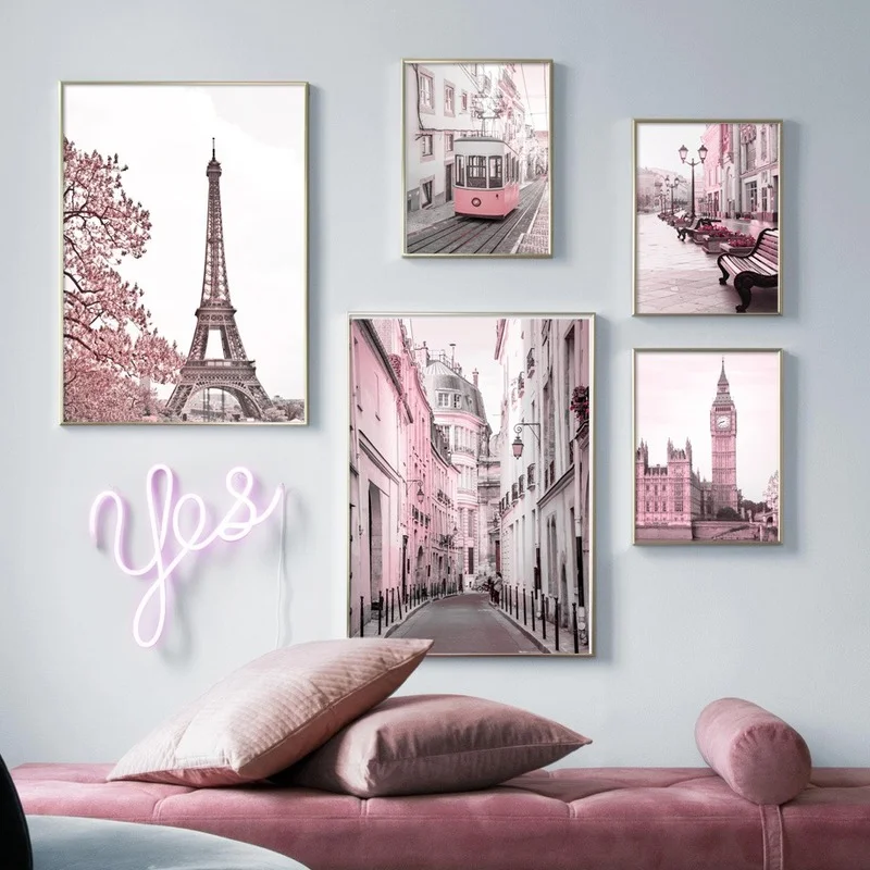 Настенная картина теплая розовая башня Парижа изображение Милана на холсте