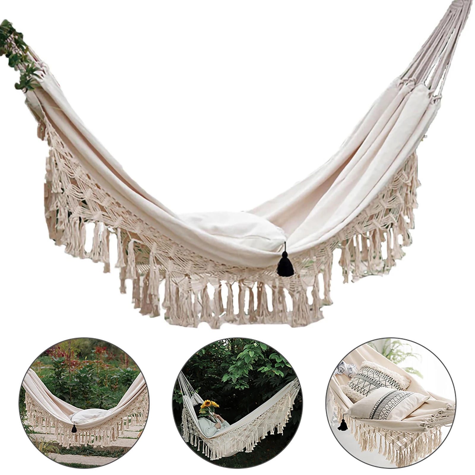 

Hammock Swing with Tassels HANGing Bed for Trees Indoor Outdoor Garden Patio Beach Portable with Carrying Bag