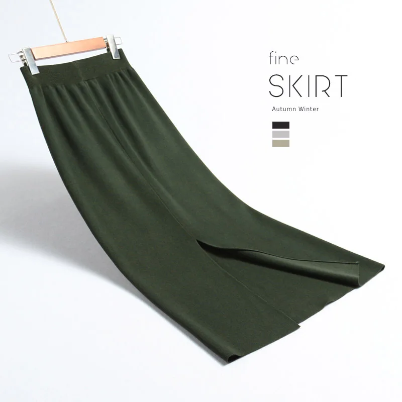 Армейский зеленый INNASOFAN knitted skirt Women's Autumn-winter sexy high waist skirt Fashionable high-end chic long solid skirt - Цвет: Армейский зеленый