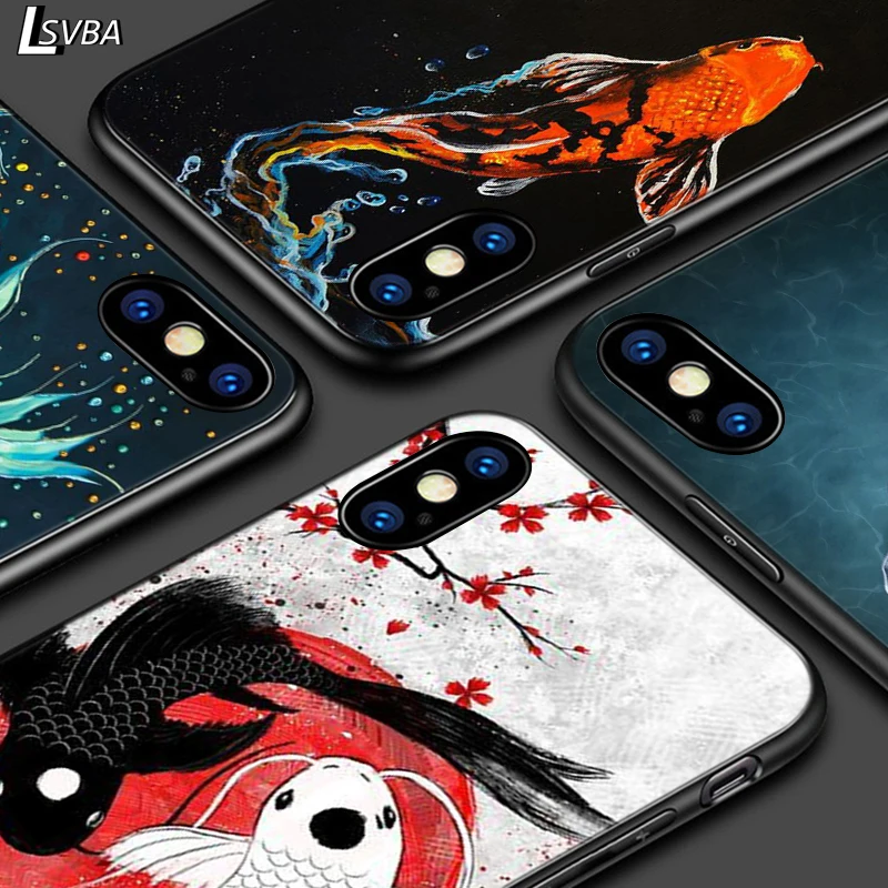 

For iPhone 12 11 Pro Max mini Bright Black Case Koi fish Yin Yang Art for iPhone Max XR X 8 7 6 Plus 5S SE Phone Case