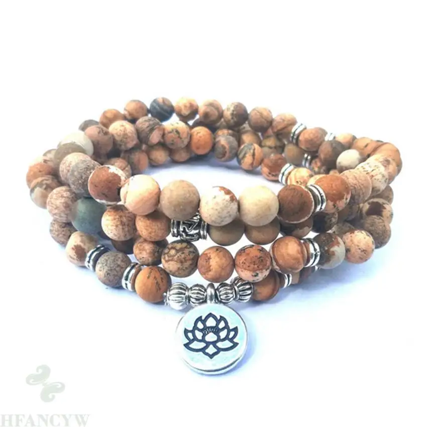 

6mm Picture Stone 108 Beads Lotus Pendant Bracelet Buddhism Unisex Ruyi Meditation Lucky Fancy Pray Cuff