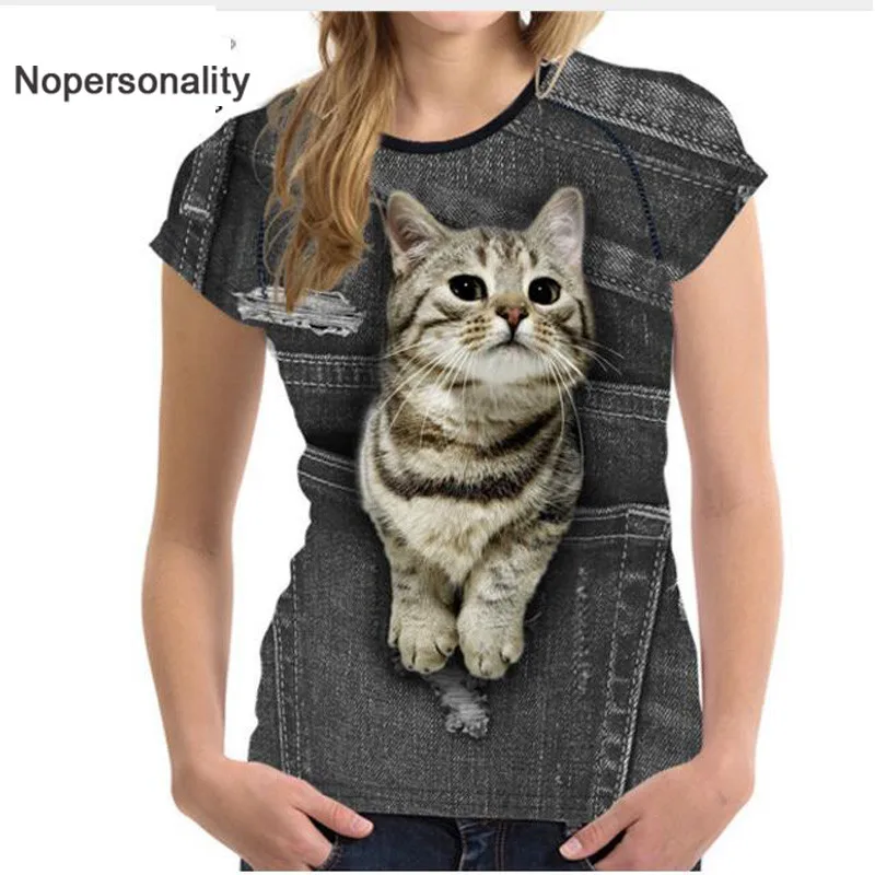 Nopersonality милый кот футболки для женщин черные джинсовые собак Футболка Femme летняя