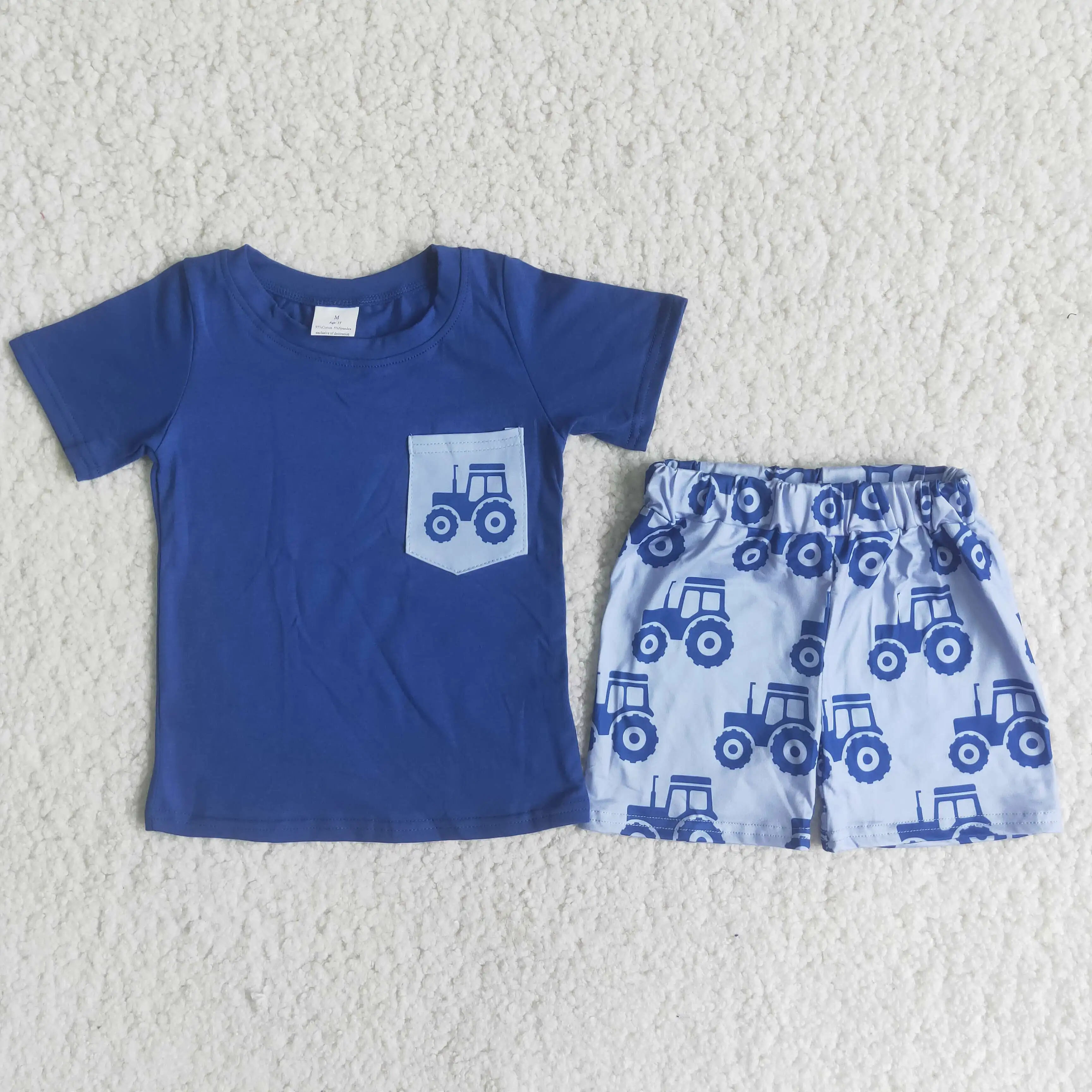 

Summer 2pcs Baby Boys Outfits Blue Cotton Shirt With Pocket Truck Pirnt Shorts