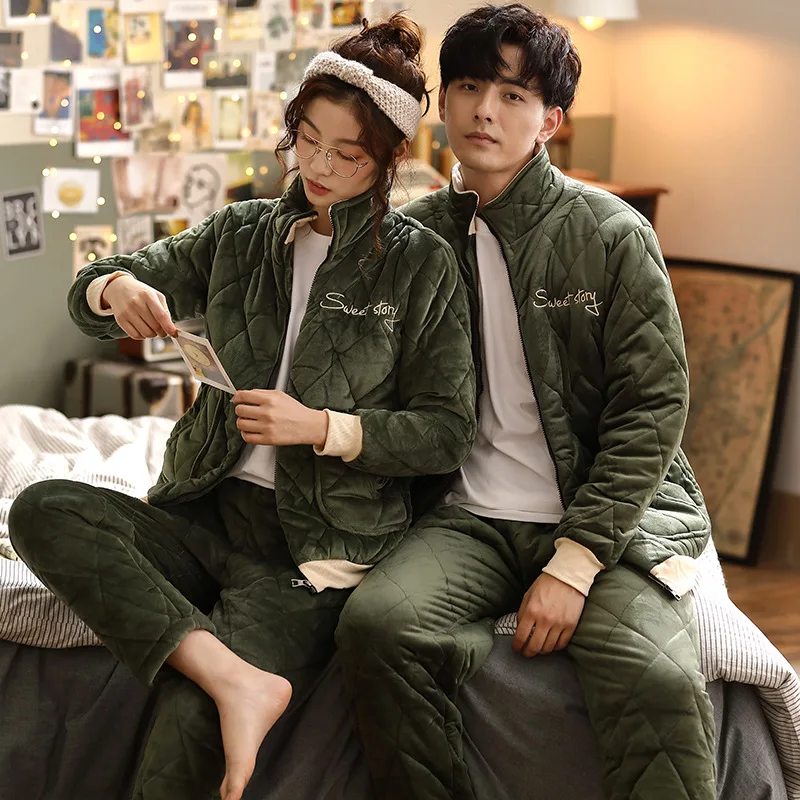 

Коралловый флисовый трехслойный утепленный хлопковый стеганый пижамный комплект для пар Осень-зима мужской и женский фланелевый домашний ...