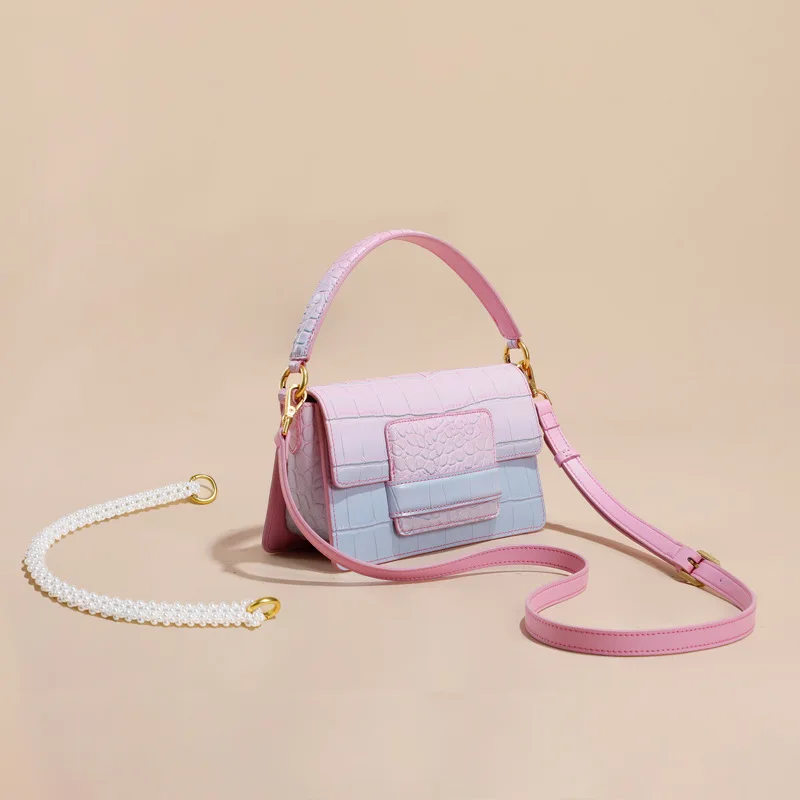 

FIRMRANCH 2021 New Fashion Top Quality Genuine Leather Powder Blue Gradient Acrylic Pearl Shoulder Strap Female Messenger Bag