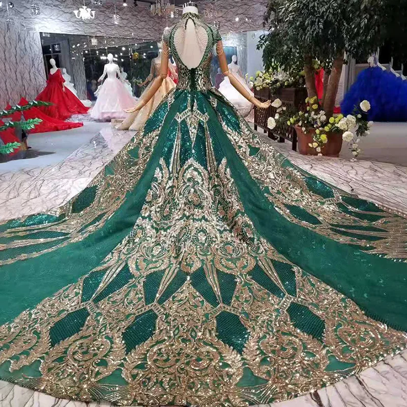 LS11093 luxury green evening dresses ladies high neck cap sleeves crystal party dress with golden lace dubai style real photos
