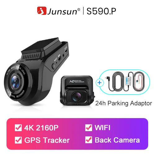 Junsun автомобиля видеорегистратор двойной объектив Dashcam Встроенный gps трекер 4 к 2160 P HD ночное видение камера с 1080 170 сзади - Название цвета: with wifi  GPS