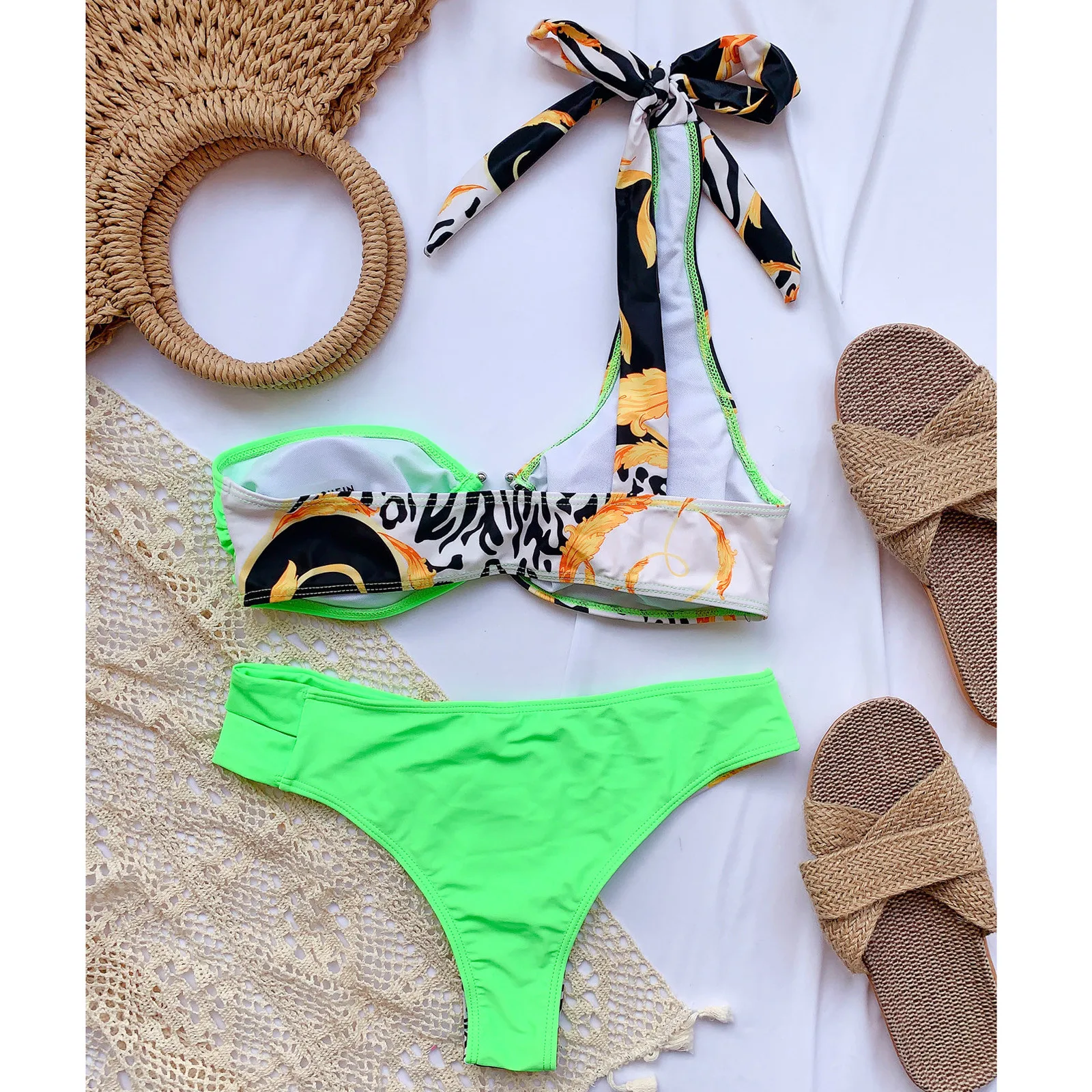 

2021 Women Solid Lace Bikini Set Push Up Swimsuit Beachwear Padded Swimwear bikini