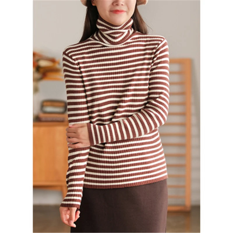 

Женский трикотажный свитер-водолазка, Классический Повседневный облегающий базовый вязаный свитер контрастных цветов в полоску, Осень-зим...