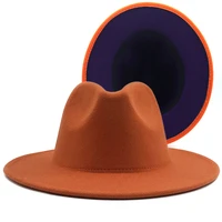 outer orange simple inner purple wool felt jazz fedora hats with thin belt buckle men women wide brim panama trilby cap 56 58cm