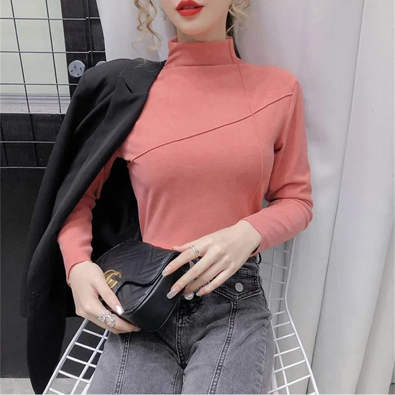 

2021 Long Sleeve Tees Tight Double Sided Fleece Pullover Warm Tops Oversized Turtleneck Bottoming Shirt
