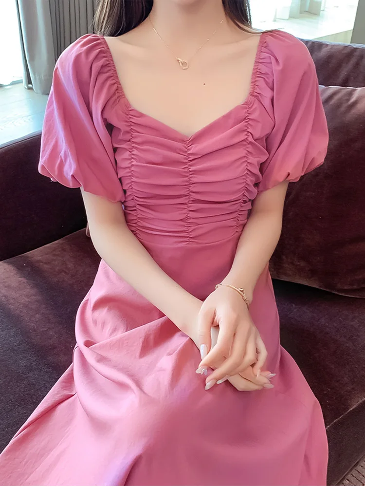

Elegant Short Sleeve Dress Big Sizes Summer A-Line Vintage Ruched High Waist Solid Ladies Dresses Sundress Femme Robe