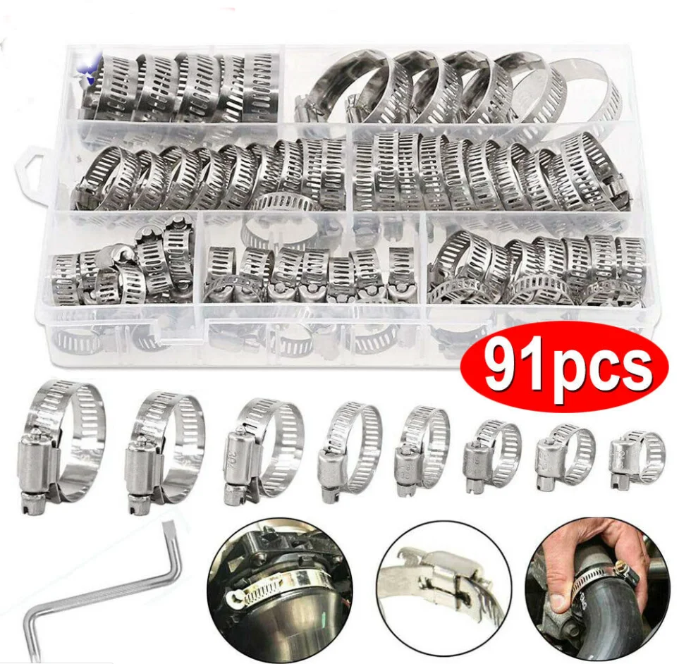 91Pcs Adjustable 8 to 44mm Diameter Clips Worm Gear Hose Clamp Assortment Kit for Various Pipes Automotive Mechanical +Z wrench