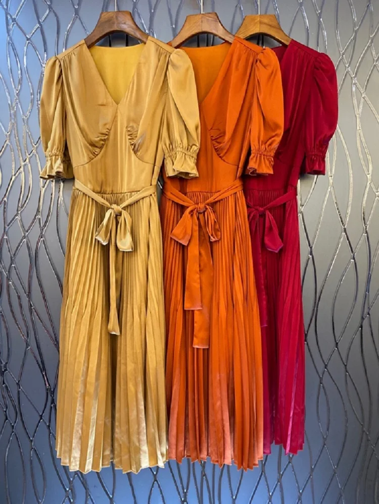 

Spring Summer 2021 Fashion Silk Dress High Quality Women V-Neck Short Sleeve Mid-Calf Length Casual Pleated Dress Yellow Orange