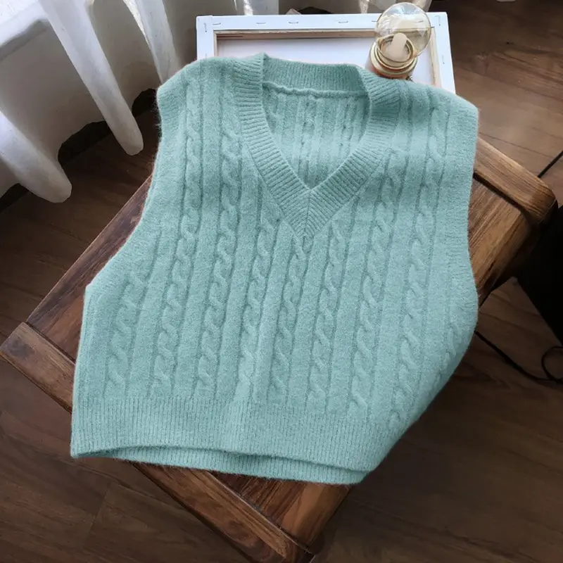 

Vest Women Solid Loose Korean Student Sleeveless Knitted V-Neck Autumn Sweater Vest Female Coats Simple Outwear Pullover Tops