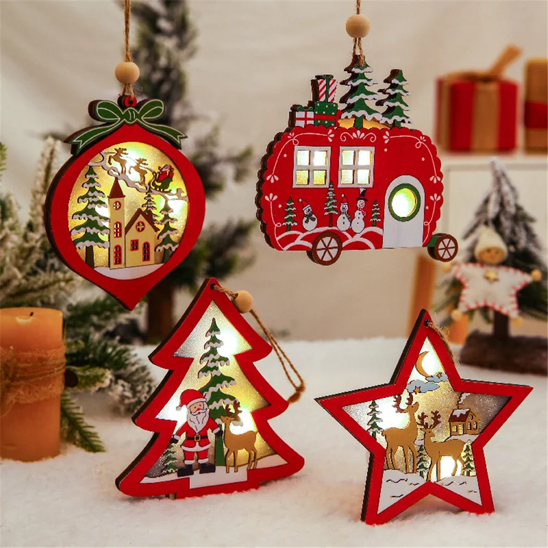 

Christmas Ornament Hollow Wooden Hanging Pendant with Light Home Party Christmas Tree Decoration New Year Door Wall Decor Crafts